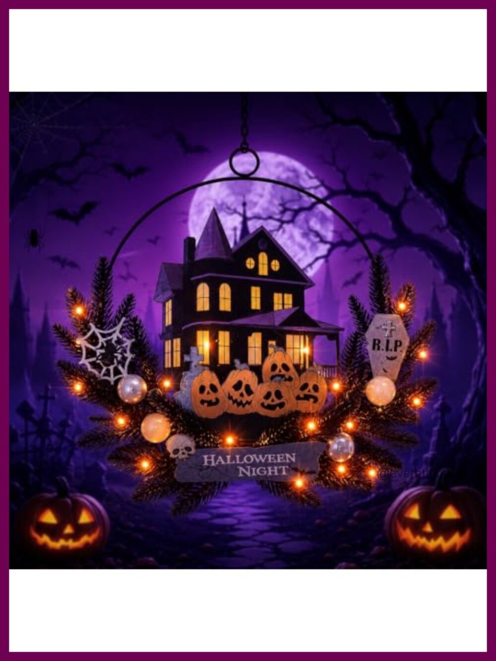 Pre-Lit Halloween Wreath Metal Wood 6H Timer 30 LED Door Decor